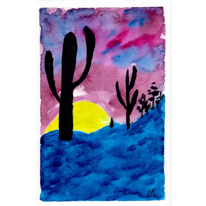 Cacti Painting California Desert Original Art Sunset Painting Watercolor - 墙贴/壁贴 - 纸 多色