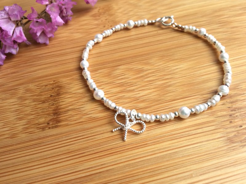 Ops Pearl silver bracelet- 小珍珠/纯银/蝴蝶结/限定/手链/梦幻 - 手链/手环 - 宝石 白色