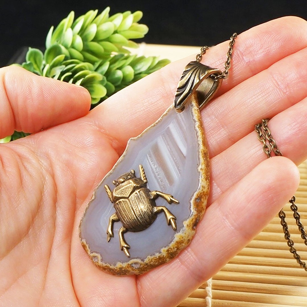 圣甲虫项链 浅褐灰玛瑙切片坠饰项链 饰品礼物 - 项链 - 半宝石 灰色