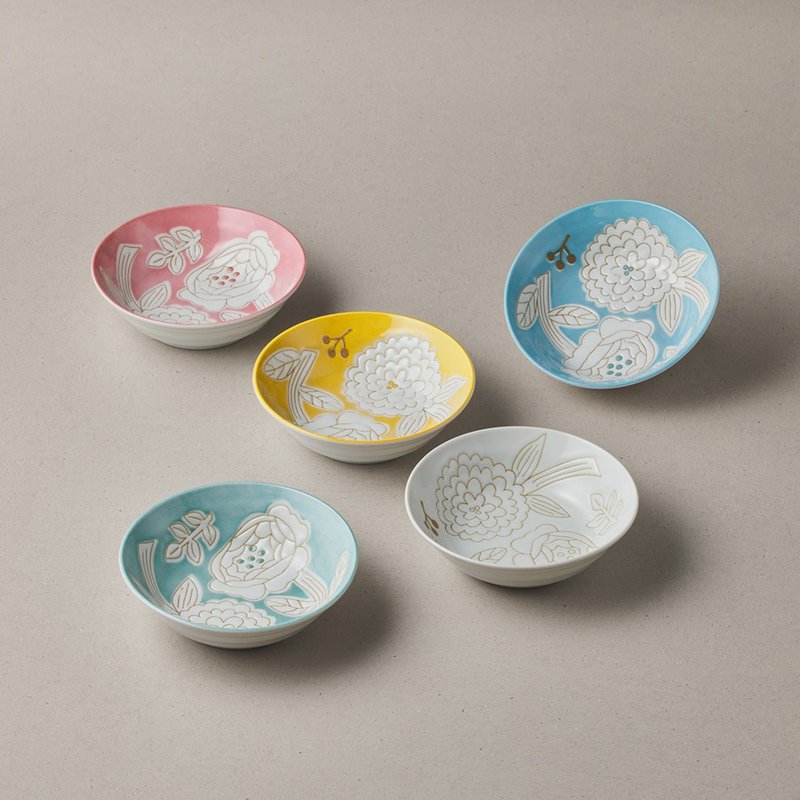 【福袋】日本美浓烧 - 粉染花朵碗礼盒组(5件式) - 13.3cm - 碗 - 瓷 多色