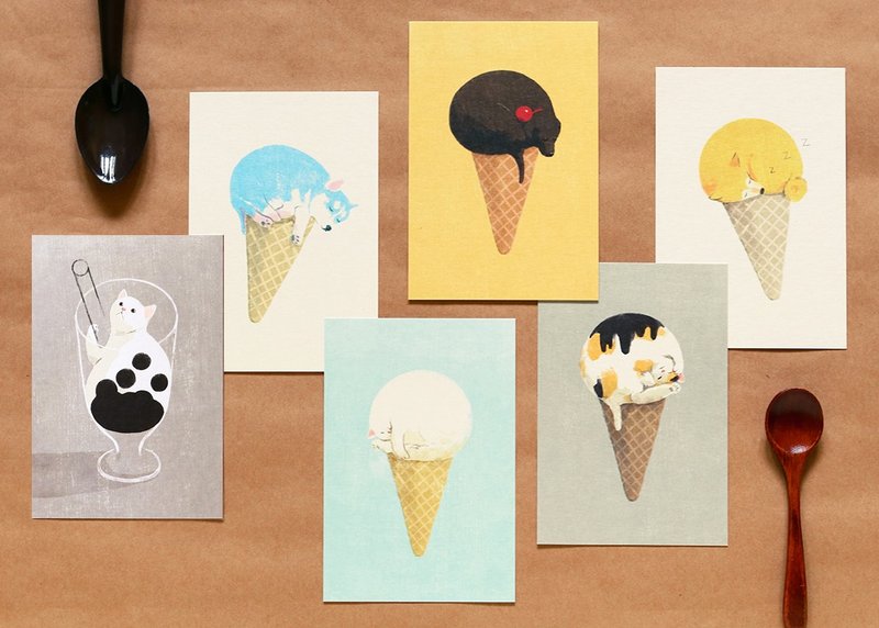 猫狗冰淇淋珍奶套组明信片 - 卡片/明信片 - 纸 