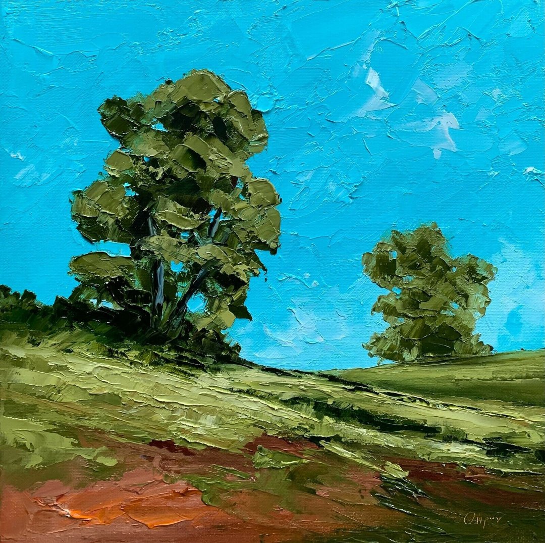 Original Green Field Landscape Blue Sky Oil Painting Trees Textured Impasto Art - 墙贴/壁贴 - 棉 多色
