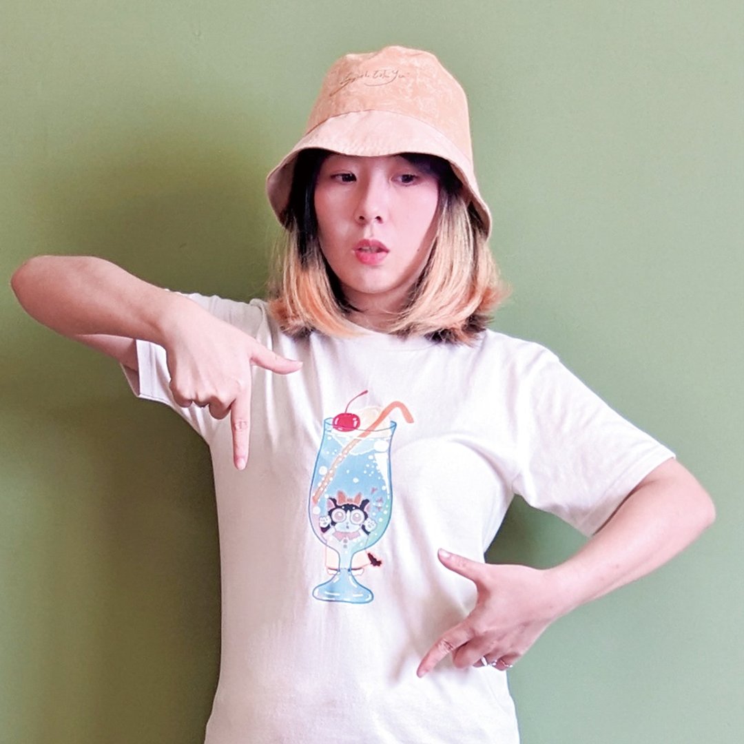 双面 圆领棉 tee-奶茶色 樱桃苏打汽水 - 女装 T 恤 - 棉 黄色