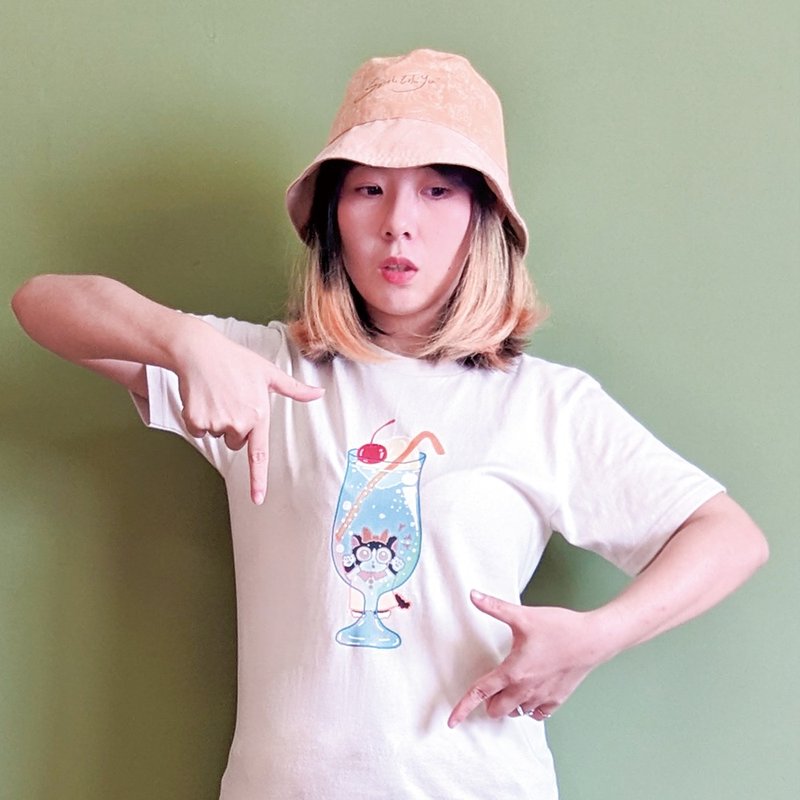 双面 圆领棉 tee-奶茶色 樱桃苏打汽水 - 女装 T 恤 - 棉 黄色