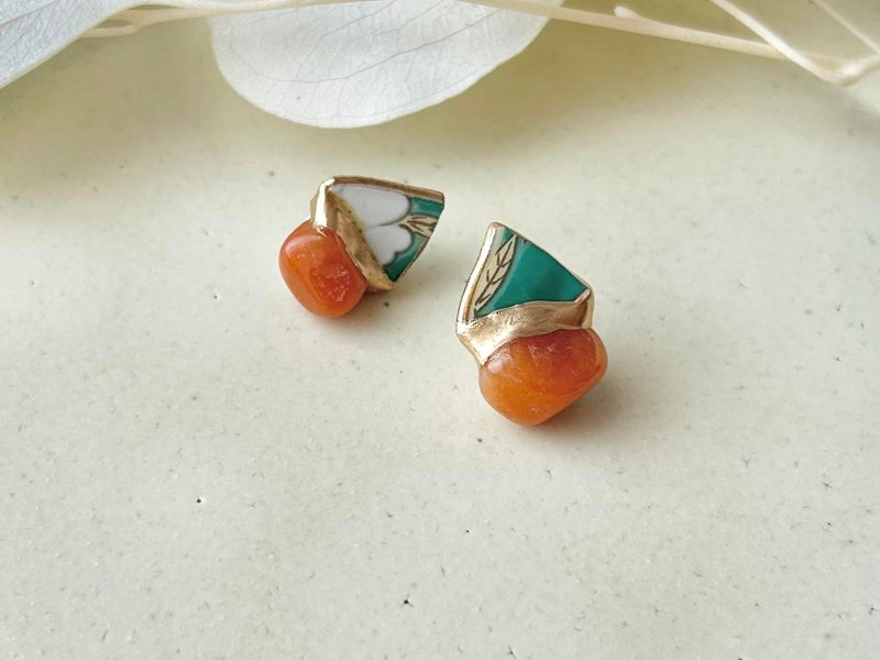 有田烧 金继 医疗级不锈钢耳针 绿色 叶子图案 橘色砂金石 天然石 传统工艺 No.108 - 耳环/耳夹 - 陶 绿色