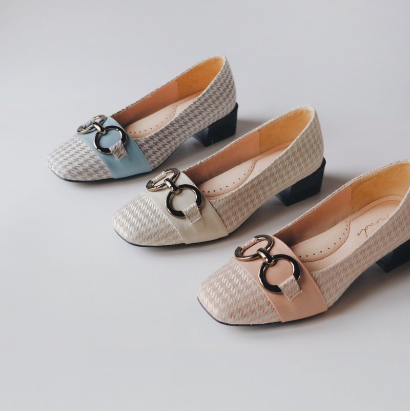 印象花园 | 大千鸟格纹 白/蓝/粉。方头牛皮气垫中跟鞋 - 高跟鞋 - 真皮 蓝色