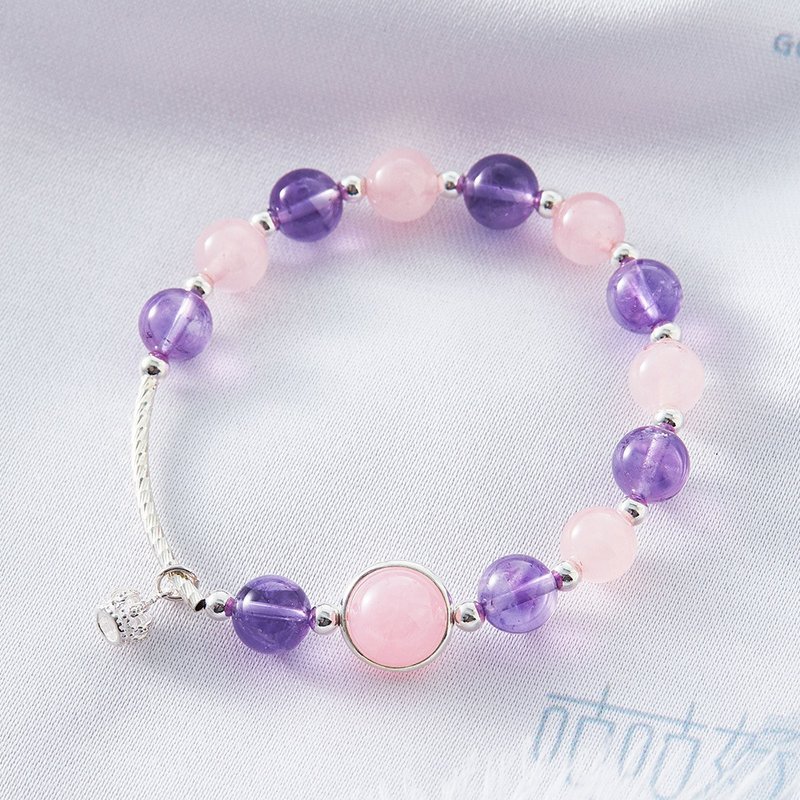 紫晶粉晶925纯银皇冠手链(含开光)好姻缘好人缘、增信心、招好运 - 手链/手环 - 水晶 粉红色