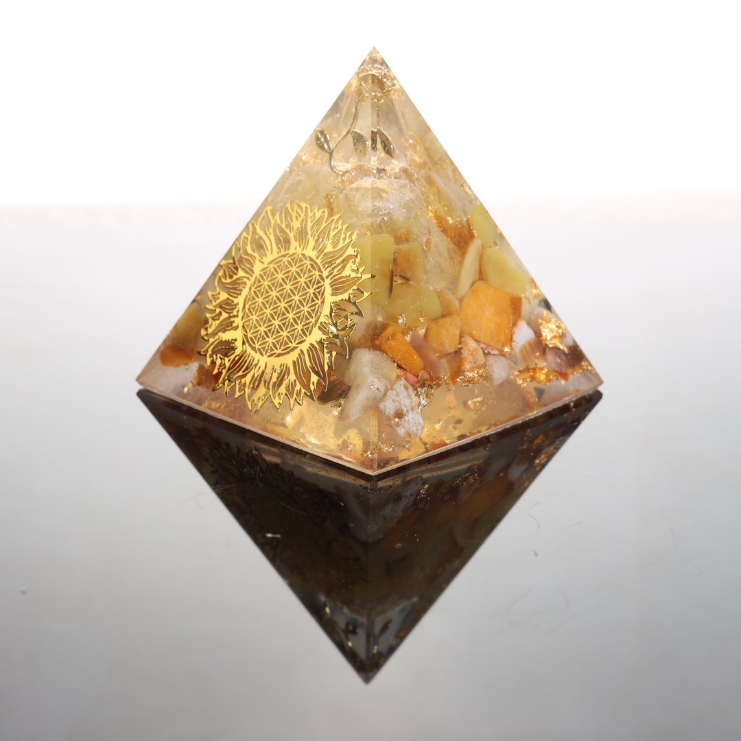 【母亲节礼物】生命之花向日葵大型奥刚金字塔 Orgonite 黄水晶招财 - 摆饰 - 半宝石 橘色