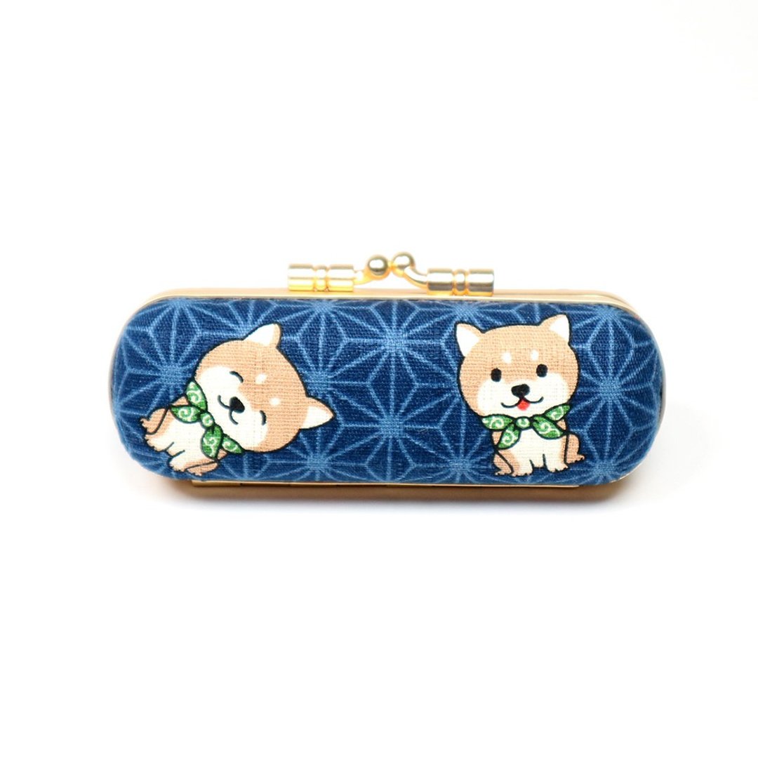 口金 印章盒 口红盒 印章 收纳  日本布 - 麻之叶 柴犬 (蓝) - 印章/印台 - 棉．麻 蓝色