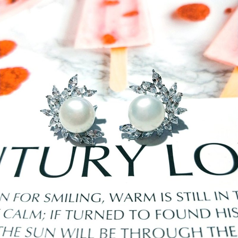 I JEWELRY 奢华璀璨顶级锆石大珍珠纯银耳环 附纯银保证卡 现货 - 耳环/耳夹 - 纯银 银色