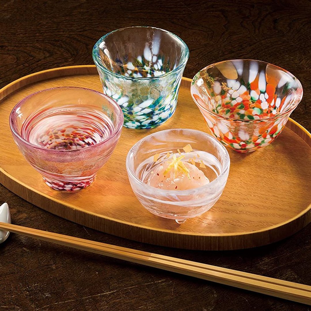 日本津轻 手作四季清酒杯礼盒组(含木盒) - 酒杯/酒器 - 玻璃 多色