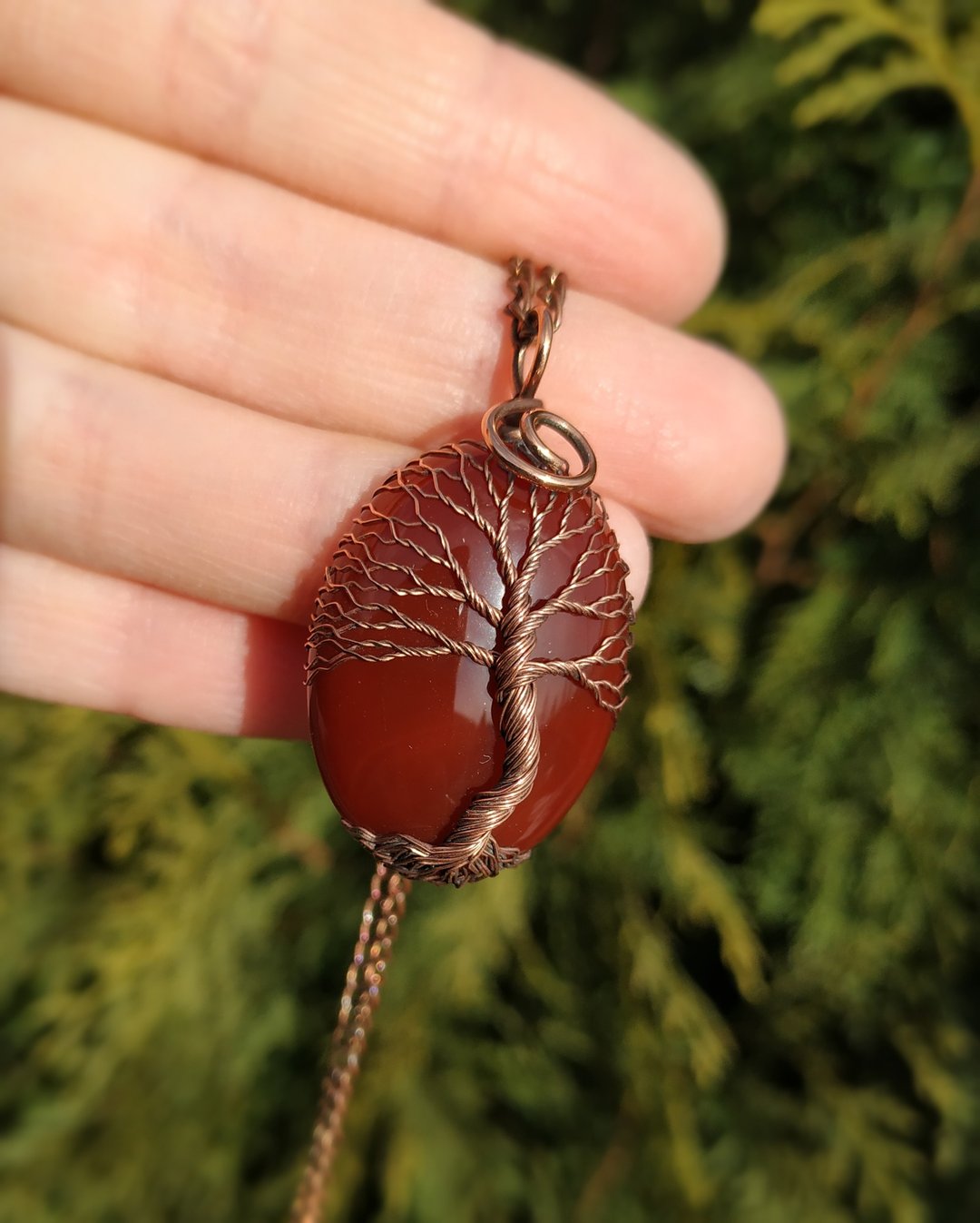 Carnelian celtic tree of life copper wire wrapped pendant necklace gift amulet - 项链 - 其他材质 红色