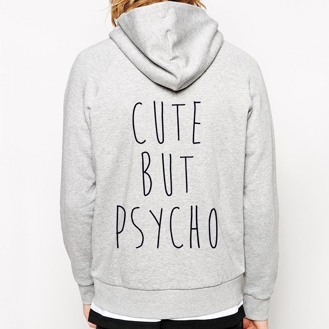 CUTE BUT PSYCHO拉链连帽刷毛外套-灰色 文青 艺术 设计 时髦 文字 时尚 - 中性连帽卫衣/T 恤 - 棉 灰色
