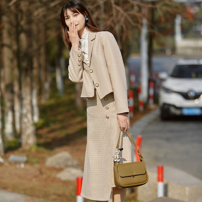 复古千鸟格西装甜美两件套短款小个子半身裙套装 - 女装西装外套/风衣 - 其他材质 卡其色