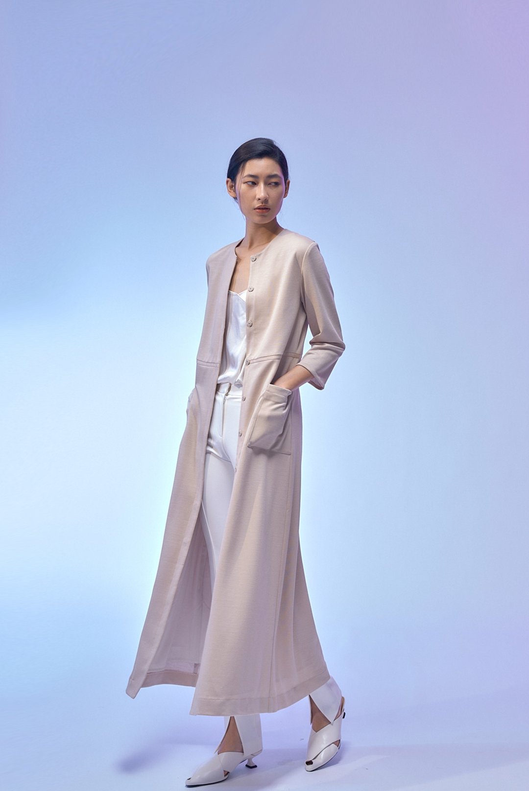 卡其针织暗扣长外套 - 女装休闲/机能外套 - 棉 卡其色