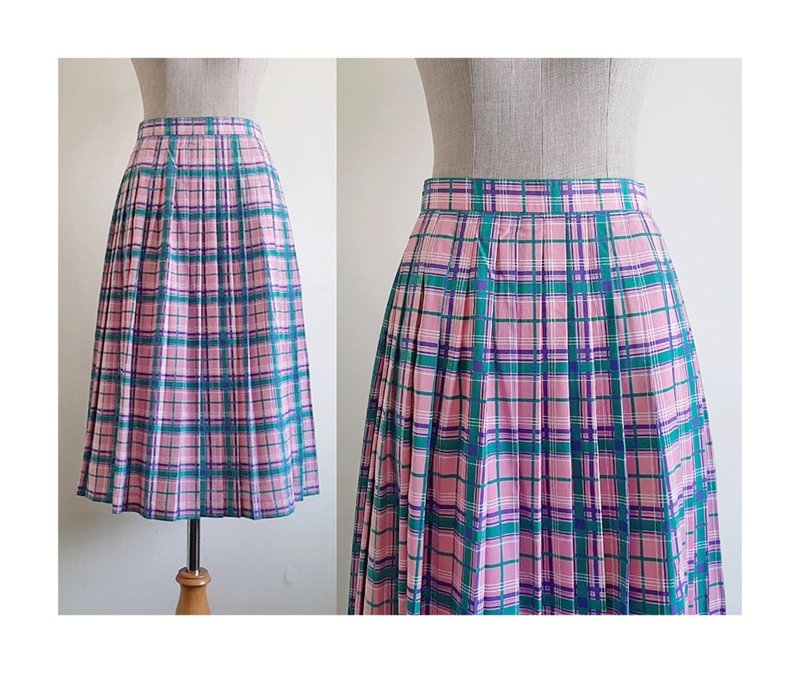 绿粉格纹复古中长裙 - 裙子 - 聚酯纤维 粉红色