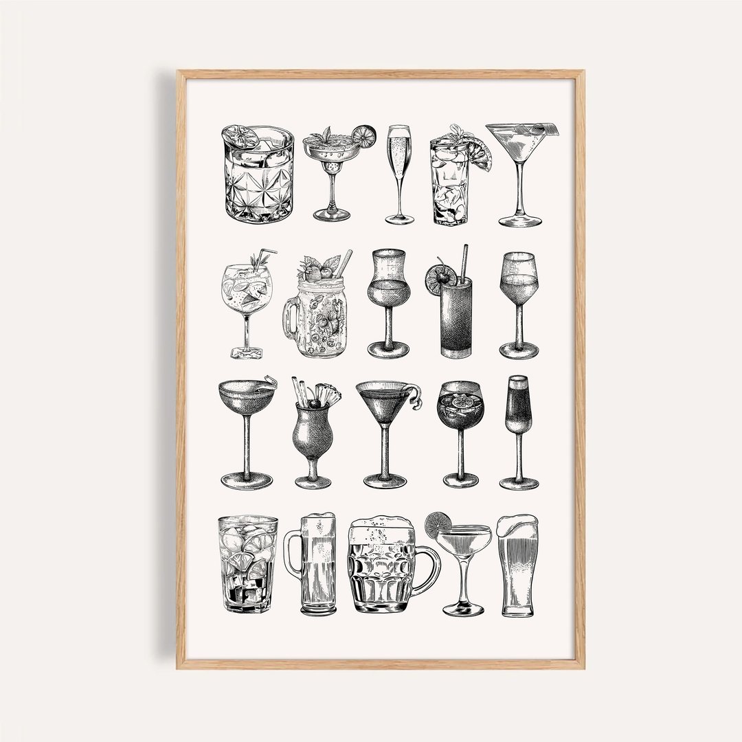 经典酒杯收藏 Vintage Glassware / 黑白插画海报 / 无框画 挂画 - 海报/装饰画/版画 - 纸 