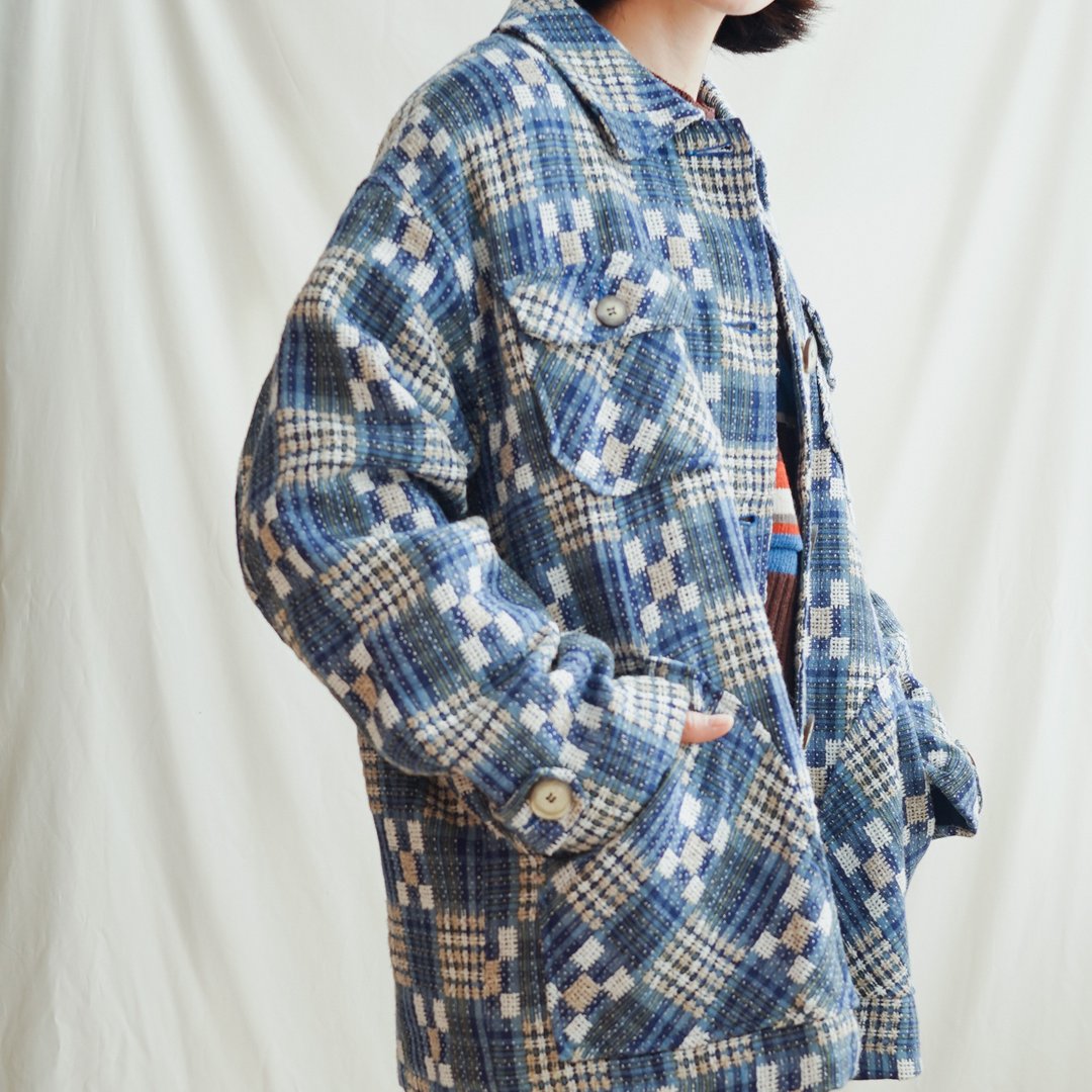 蓝色格子组织纹 古着夹克 复古 - 女装休闲/机能外套 - 羊毛 蓝色