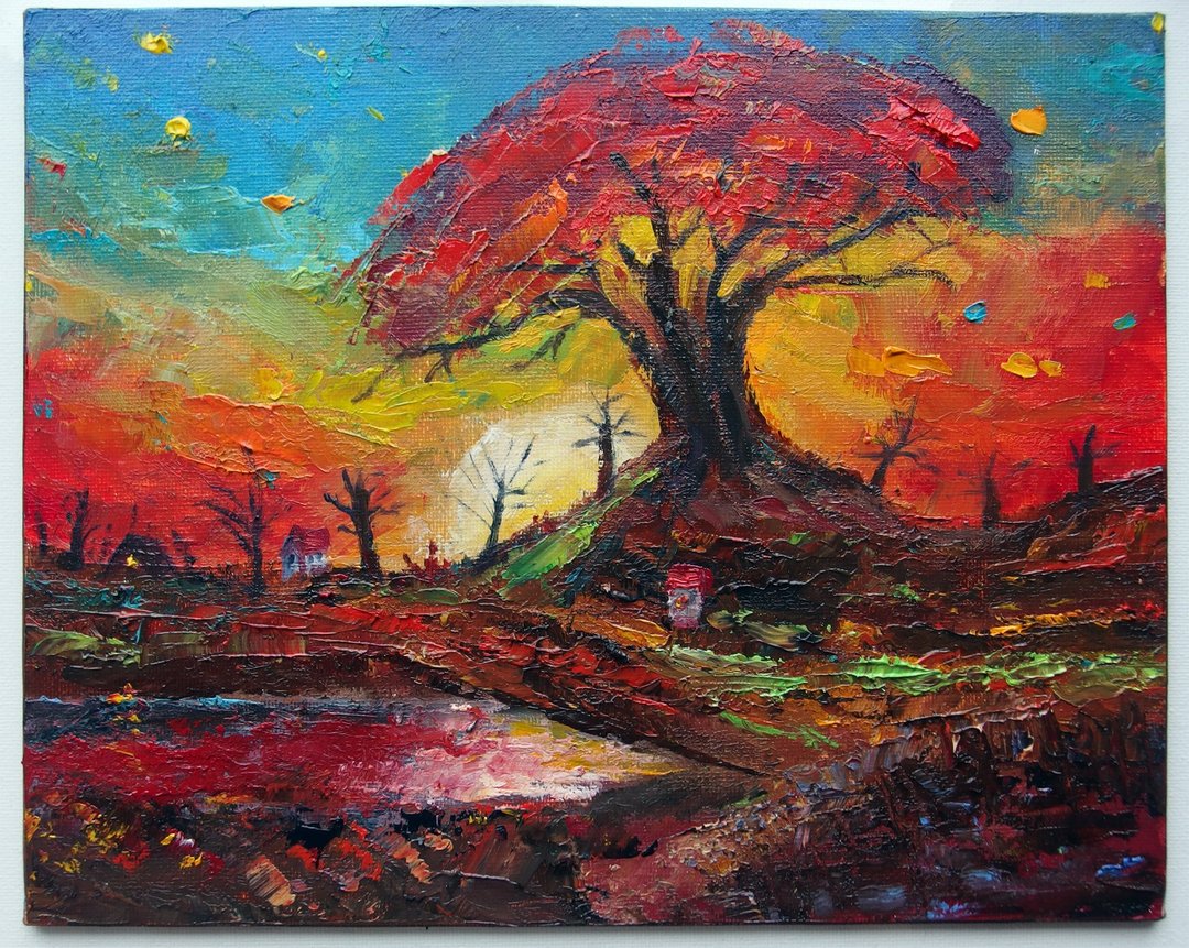 红色五颜六色的日落和巨大的橡树在晚上一些房子油画厚涂 - 墙贴/壁贴 - 其他金属 红色