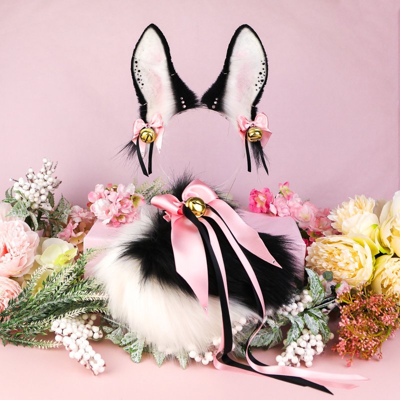 Black Bunny Ears and Tail Set Faux Fur Ears - 发饰 - 其他人造纤维 黑色