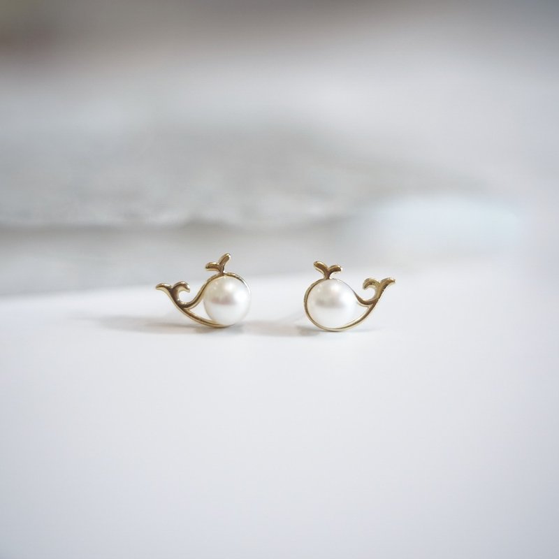 海中精灵 海豚珍珠耳环耳钉 - 耳环/耳夹 - 珍珠 金色