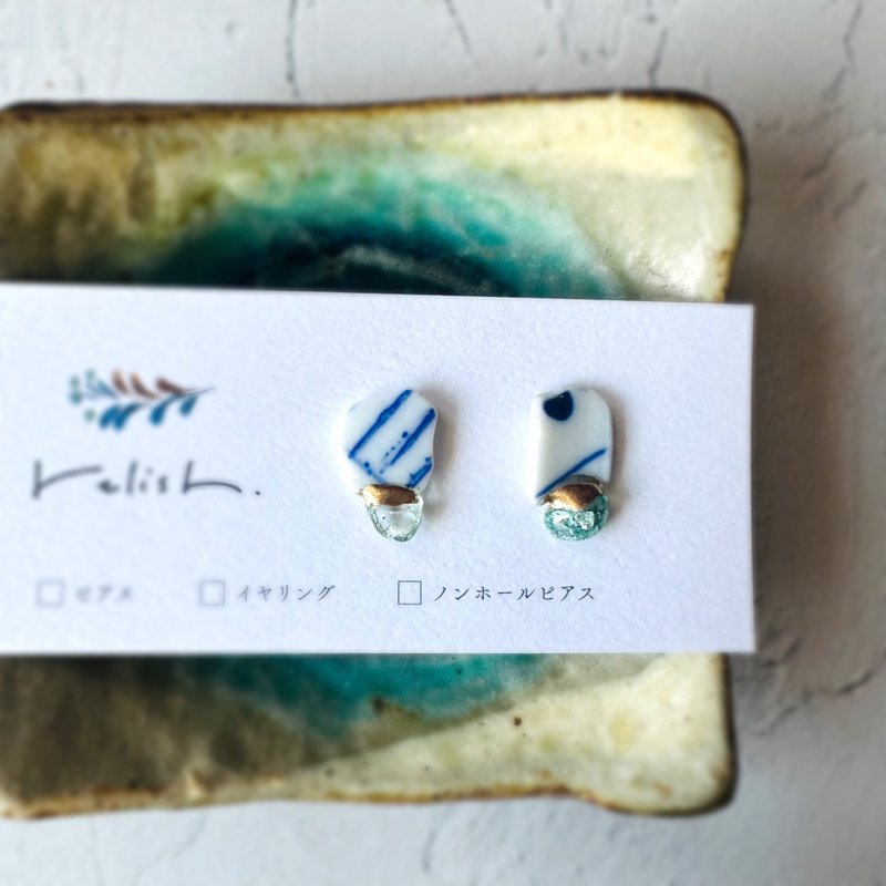 海陶裂纹水晶金耳针耳夹夹式陶晶天然绿白蓝金礼物 - 耳环/耳夹 - 陶 绿色