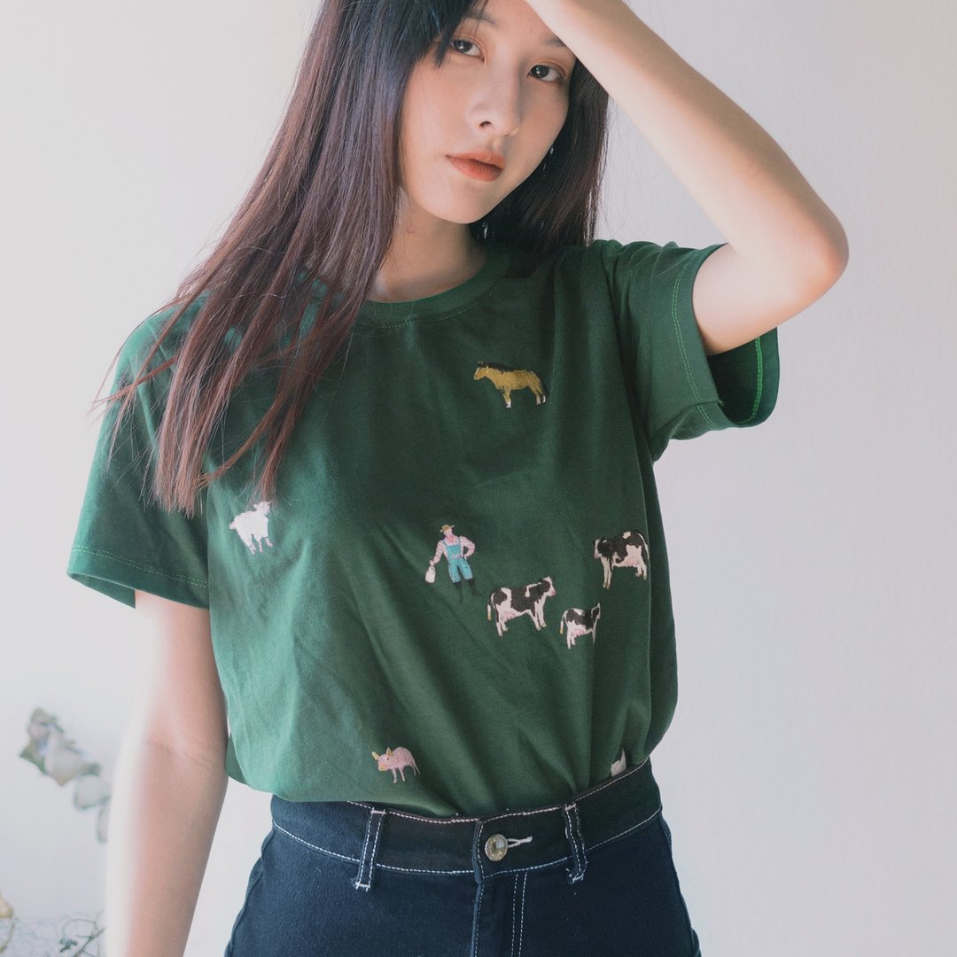 我的小农场 / 上衣, 洋装 // 深绿色 - 女装 T 恤 - 棉 绿色