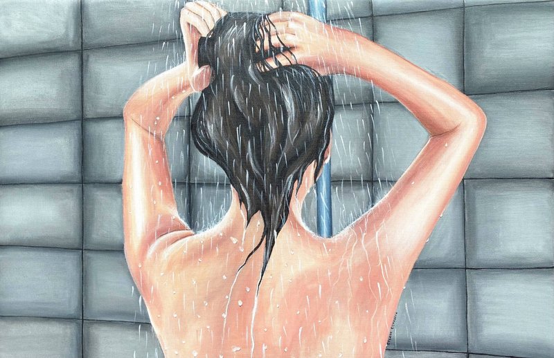 淋浴时间 // 布面丙烯 // 40x60cm // 女人画 // 原创艺术 - 墙贴/壁贴 - 压克力 灰色