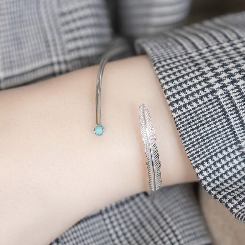 土耳其石绿松石925纯银羽毛手环 - 戒指 - 宝石 银色