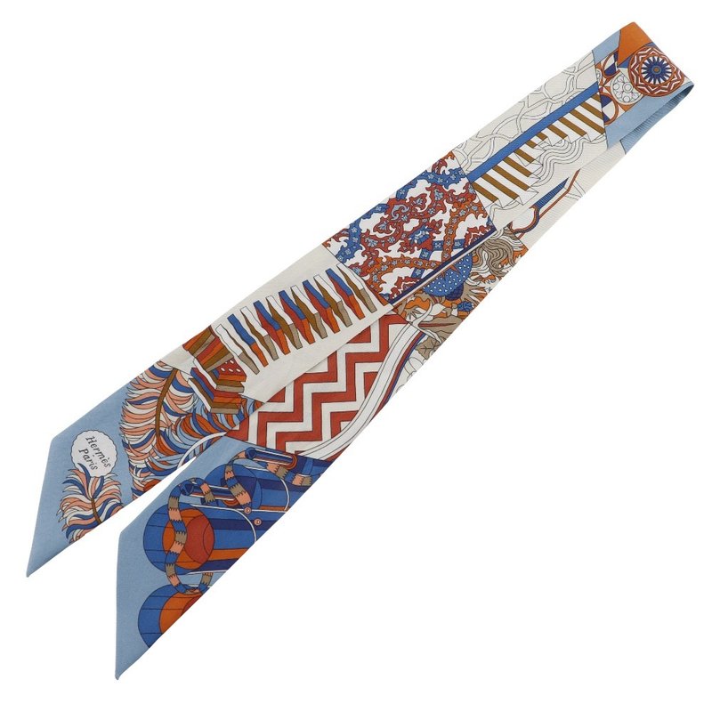 【日本直送】爱马仕 HERMES Twilly 丝巾 伞与决斗 De l'Ombrelle aux Duels 丝绸 天蓝色/橘色 女性【二手】 - 丝巾 - 丝．绢 蓝色