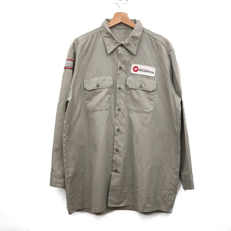 工作衬衫 布章 企业电绣 二手 古着 浅灰 - 男装衬衫 - 棉．麻 卡其色