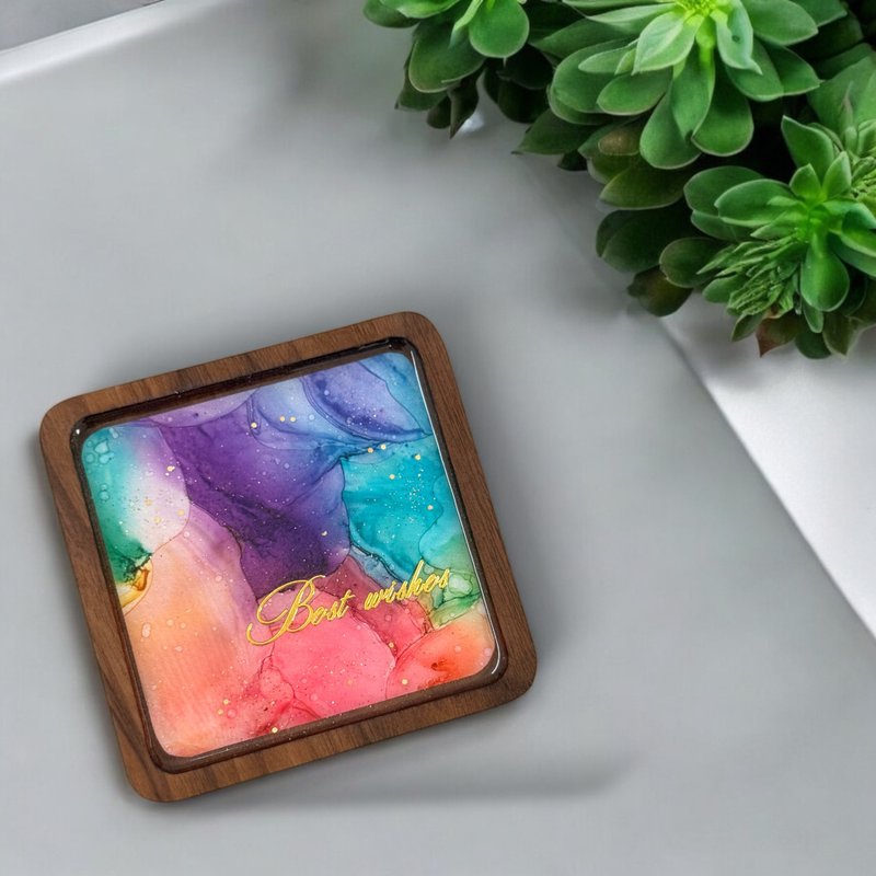 酒精墨水艺术胡桃木正方型杯垫 - Best Wishes - 杯垫 - 其他材质 多色
