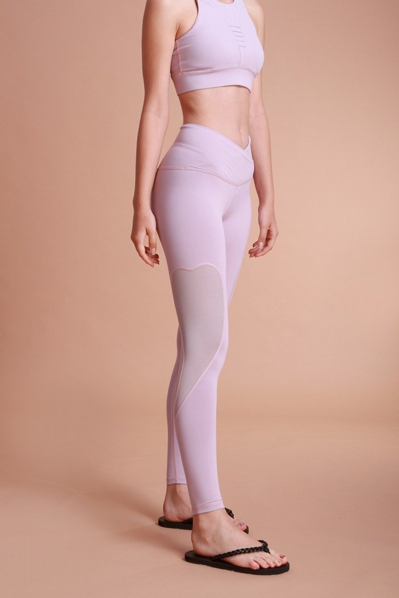 【换季特惠】#1319 爱心网纱纤腰全长紧身裤 台湾制 吸湿排汗-粉 - 女装瑜珈服 - 聚酯纤维 粉红色