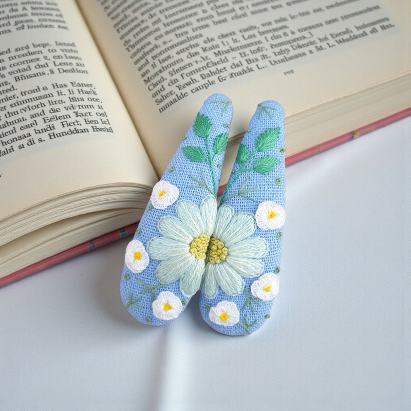 一组两入 绣线花朵发夹，雏菊发夹，发夹，刺绣发夹 - 发饰 - 亚麻 蓝色