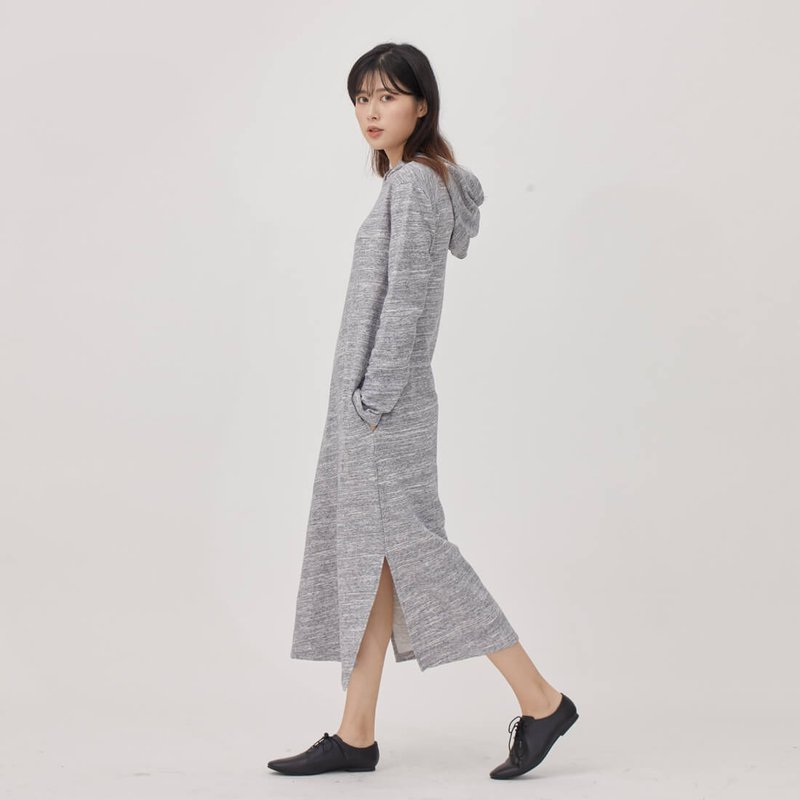 Hannah长袖连帽口袋长洋装/中灰 - 洋装/连衣裙 - 棉．麻 灰色