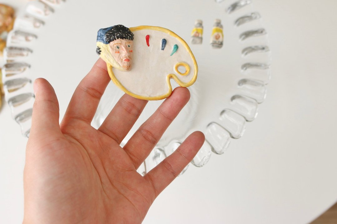 Ceramic Vangogh Palette Brooch Magnet - 胸针 - 陶 橘色
