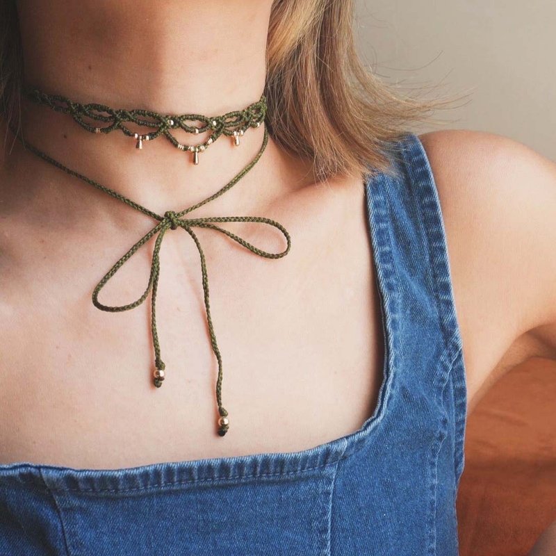 Lace Choker | 编织蕾丝颈绳 | 椭圆款 | 军绿色 - 项链 - 蜡 