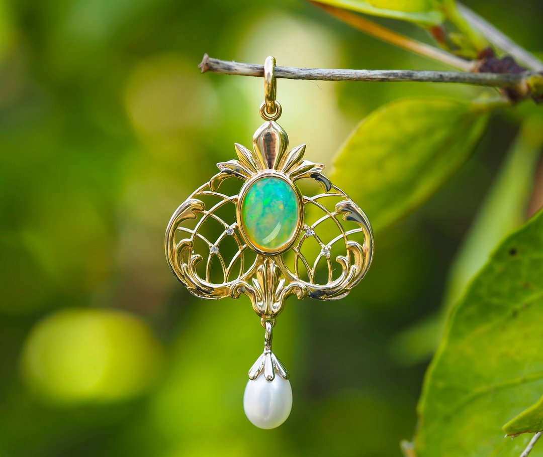 14k gold pendant with opal, pearl and diamonds - 项链 - 贵金属 金色