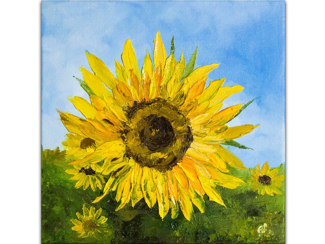 Sunflower Painting Impressionist Original Art Small Artwork Impasto Flower - 海报/装饰画/版画 - 其他材质 黄色