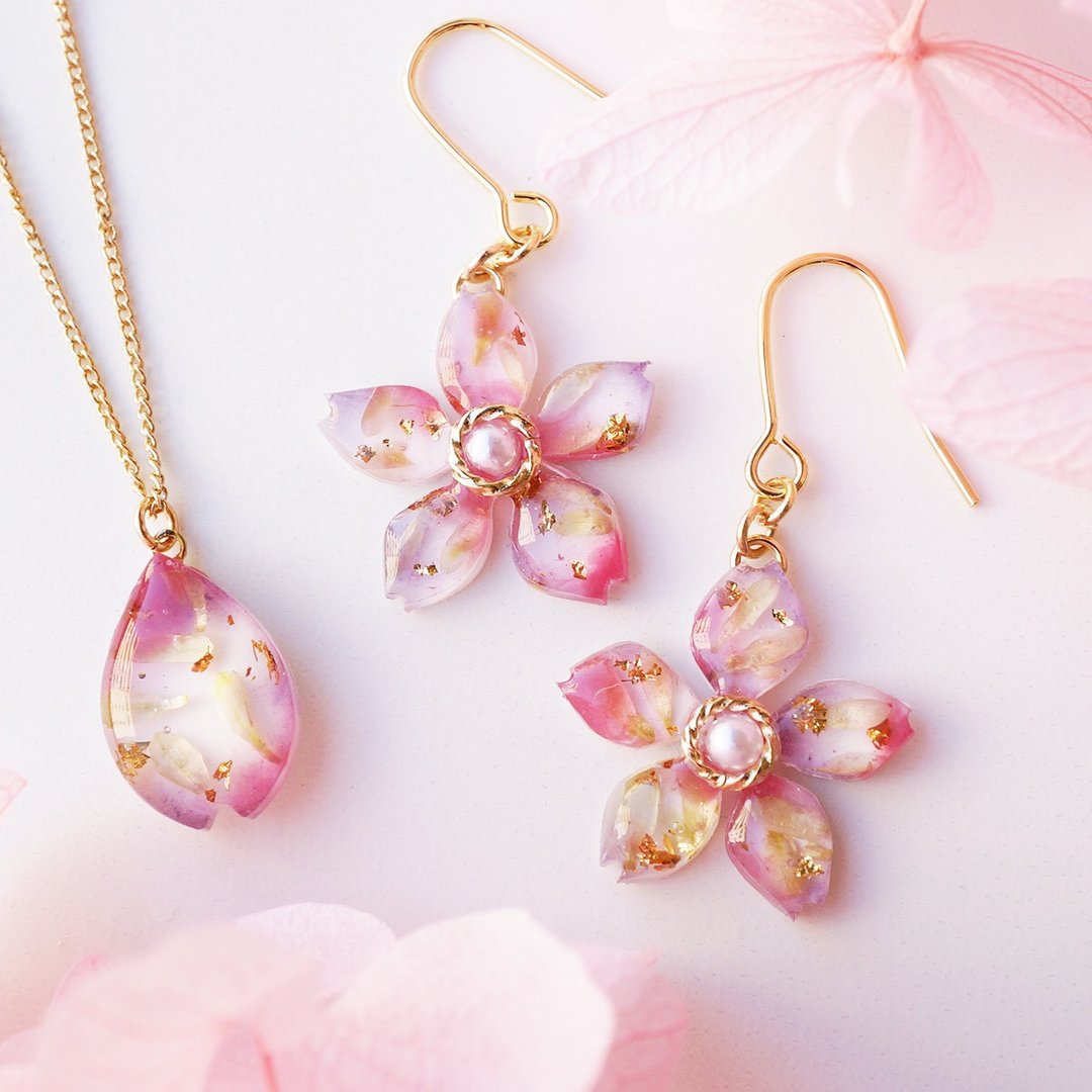 cherry blossom jewelry set - 耳环/耳夹 - 植物．花 粉红色