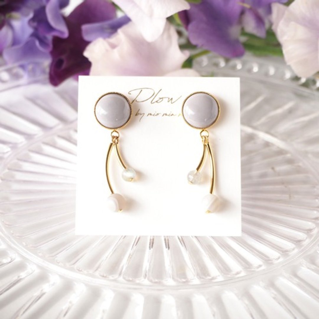 Cloisonne Twin cherry earrings ~ gray ~ - 耳环/耳夹 - 玻璃 