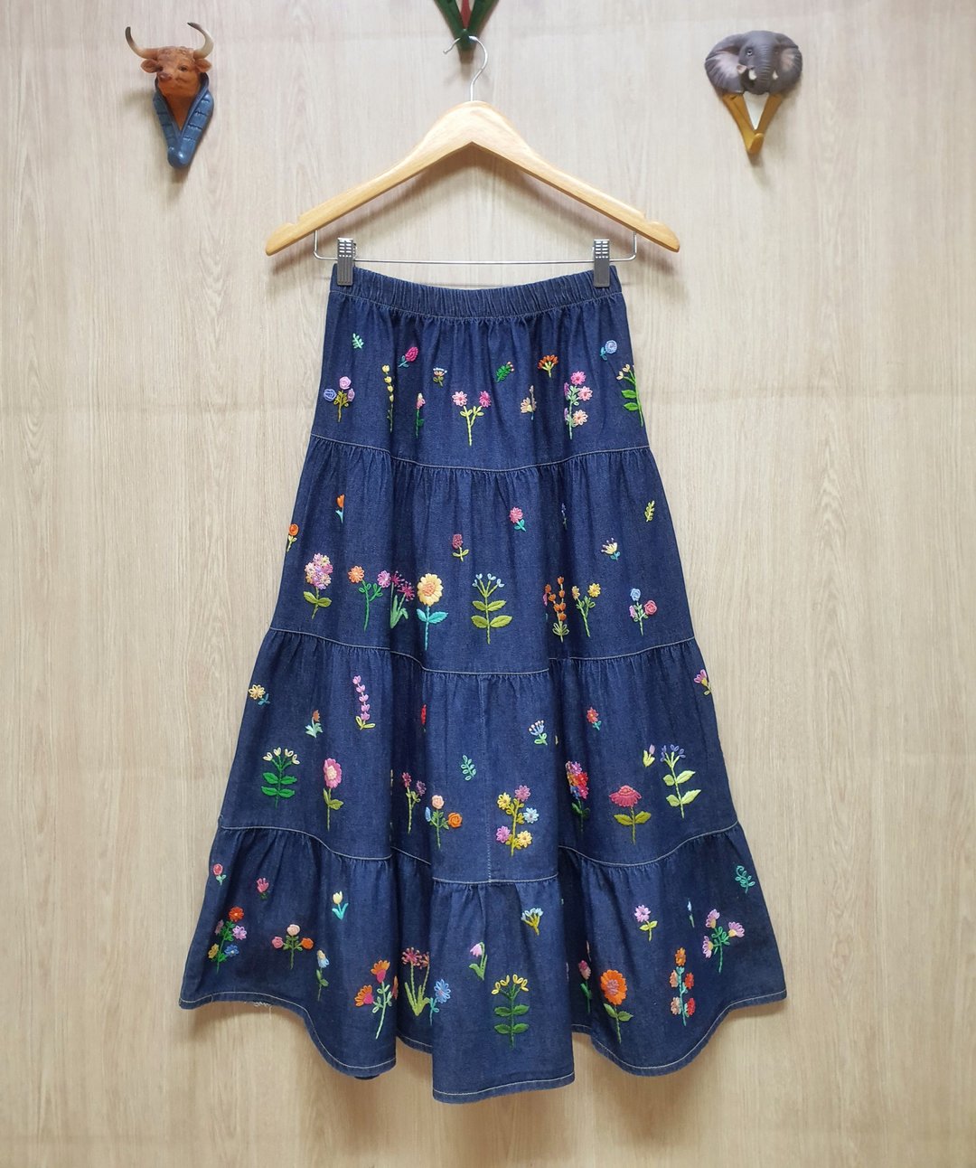 手工刺绣裙子、棉布、各种花朵、2面 - 裙子 - 绣线 蓝色