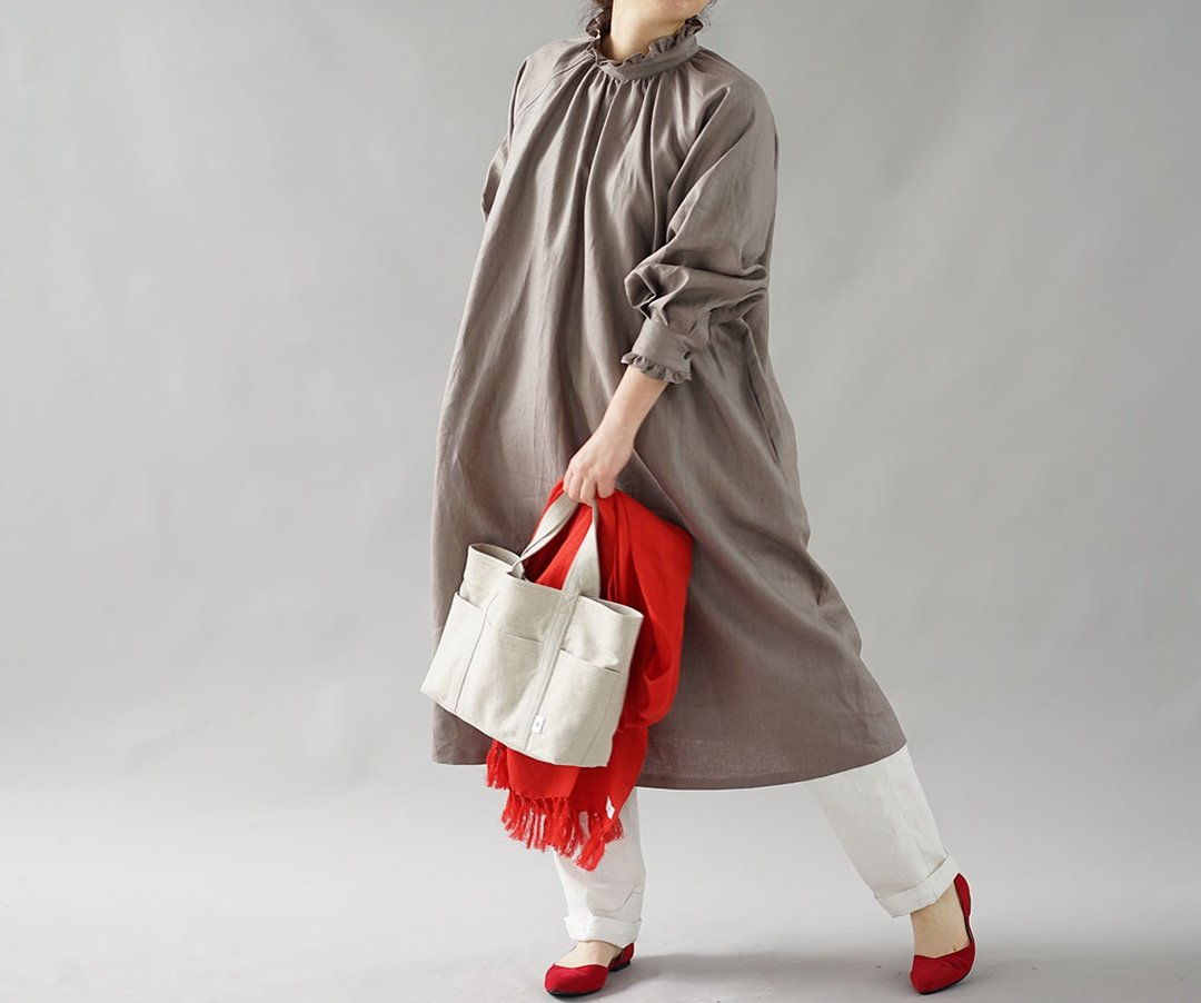 wafu Linen dress / midi length / long sleeve / frill collar / mocha a088a-vay2 - 洋装/连衣裙 - 棉 灰色