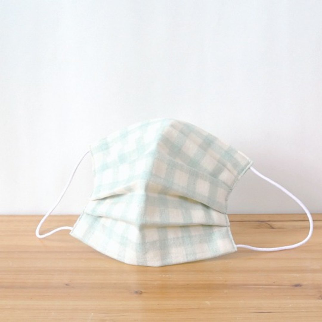 可洗涤、舒适且可爱的手工立体口罩 Gingham Lightblue 环保 手工制作纯棉 | TEMARIYA - 口罩 - 棉 蓝色