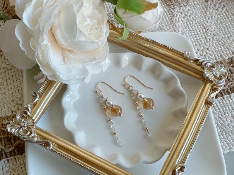 朝露曙光 l 黄水晶 Swarovski珍珠 垂坠耳环 - 耳环/耳夹 - 水晶 黄色