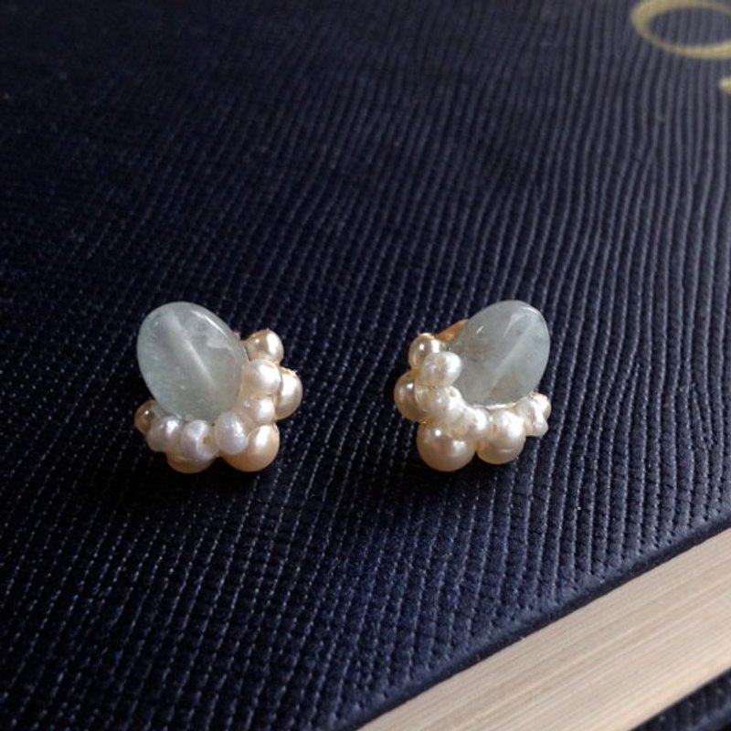 14kgf Aqua Marine and freshwater Keshiparu of collage earrings * Mimihari [ii-462] - 耳环/耳夹 - 宝石 蓝色