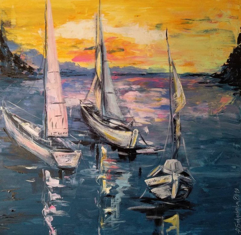 日落帆船油画 水景原创画 色彩缤纷的海岸艺术 - 墙贴/壁贴 - 其他材质 蓝色