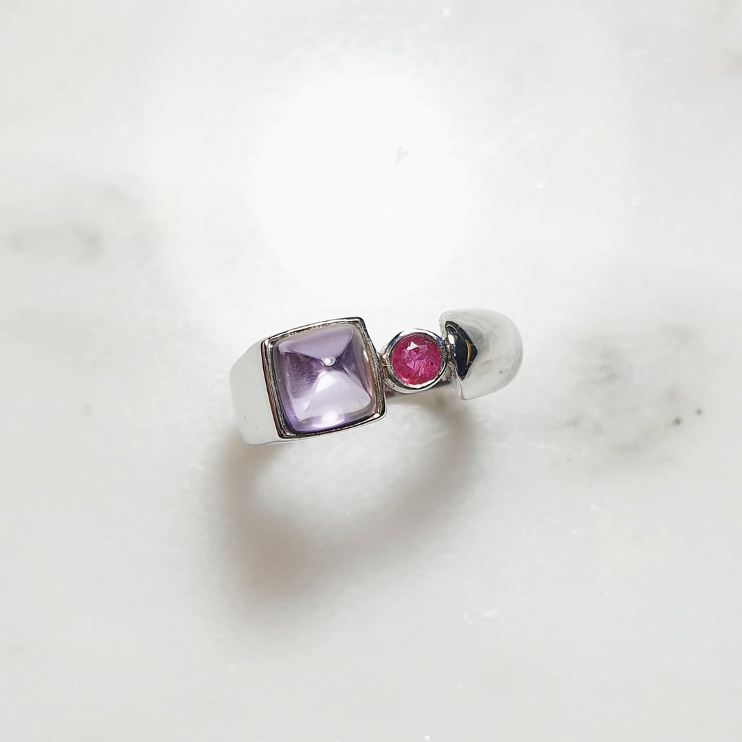 amethyst ring, ruby, 925 Silver, white gold plated - 戒指 - 宝石 紫色