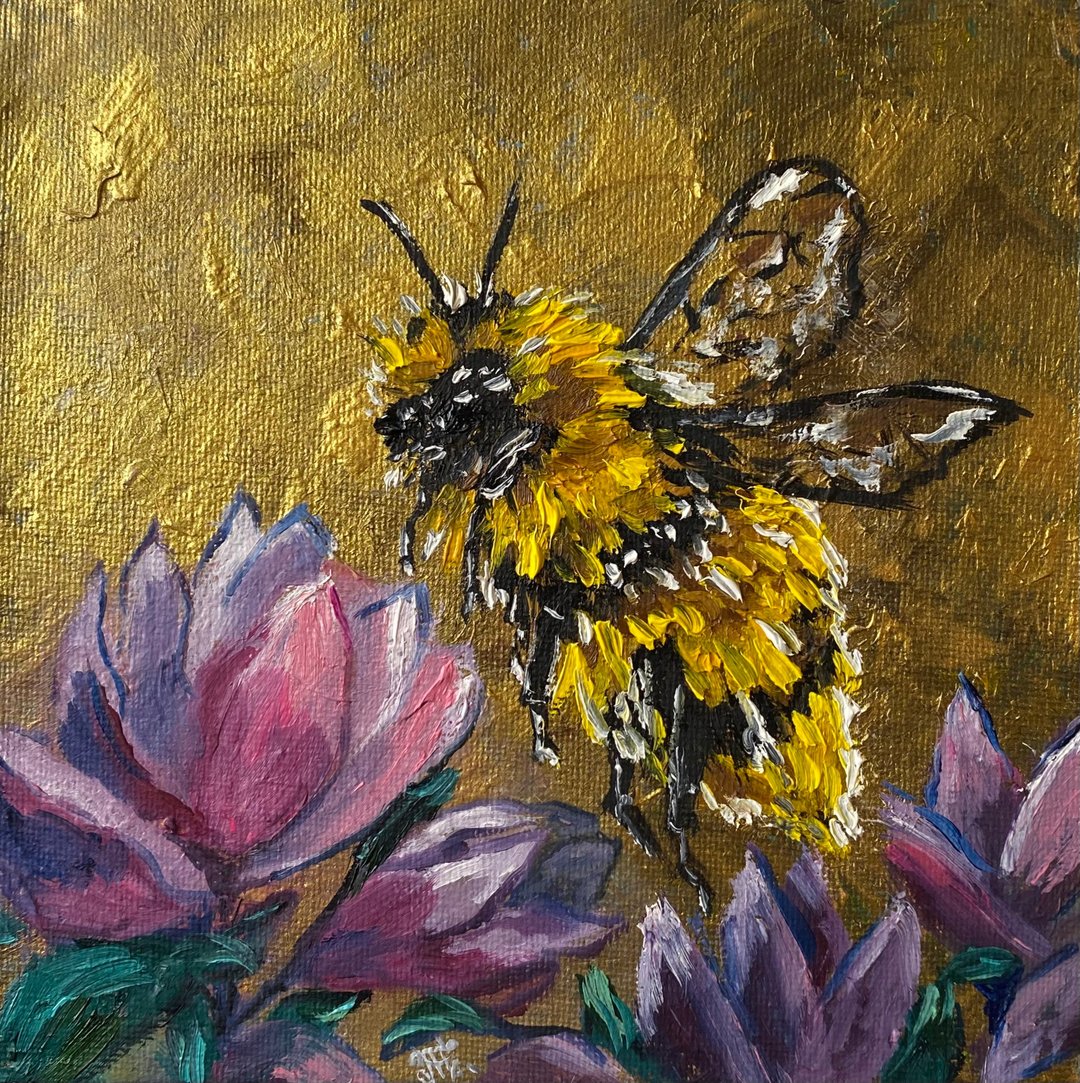 Honeybee Painting Animal Original Art Small Wall Art Bee Artwork Impasto Art - 墙贴/壁贴 - 其他材质 金色