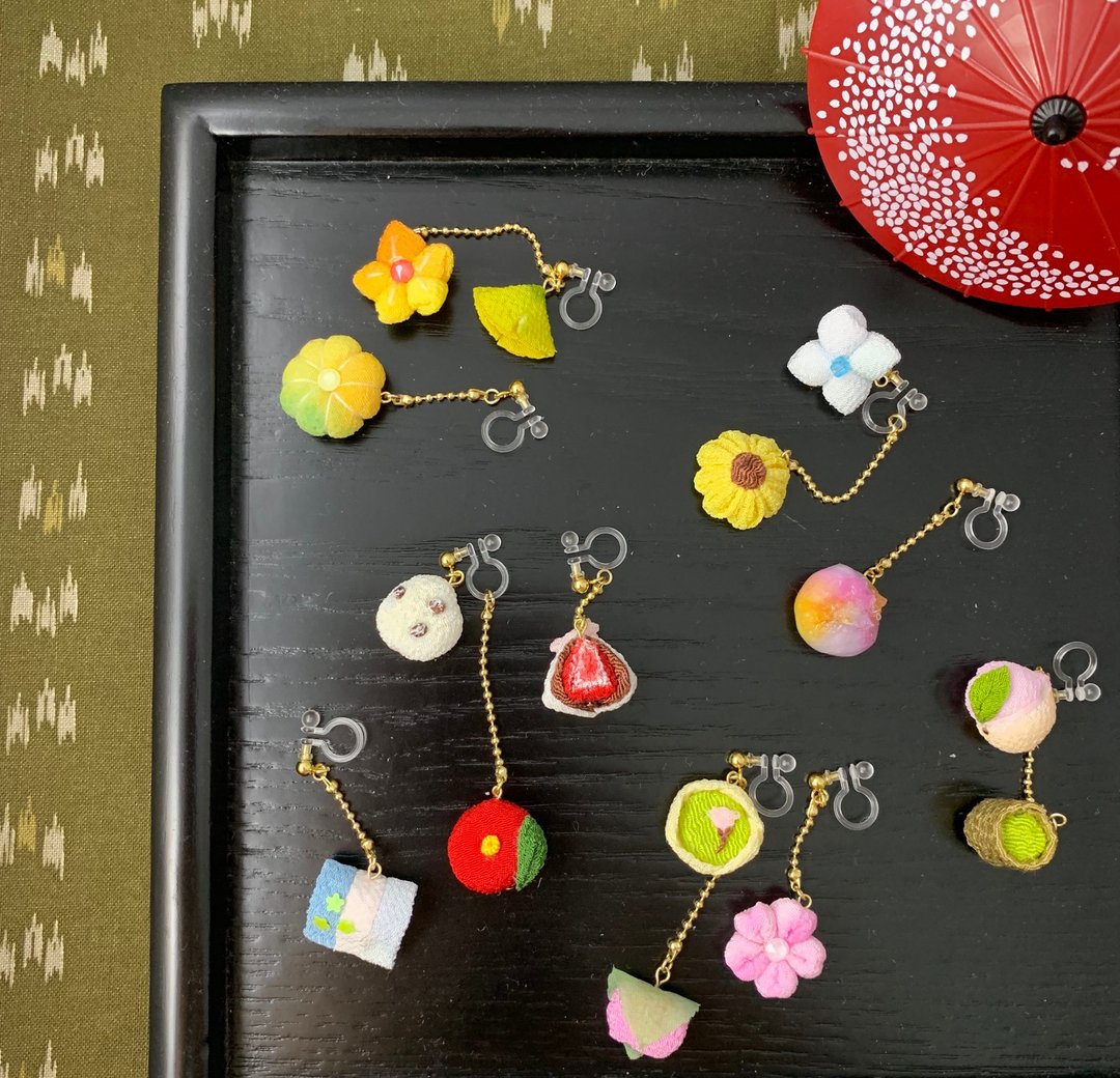 (点心 和菓子) 细工布花 耳环耳夹 趣致 和风 - 耳环/耳夹 - 其他人造纤维 多色